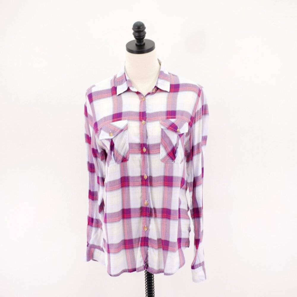 American Eagle Lightweight Flanel White Pink Blue Purple Plaid Collared Shirt Bu